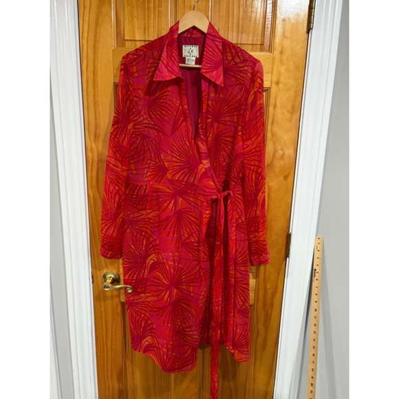 Y2K Vintage ICE 100% Silk Wrap Dress Robe Size 16 Red Orange Abstract Print - Picture 1 of 7